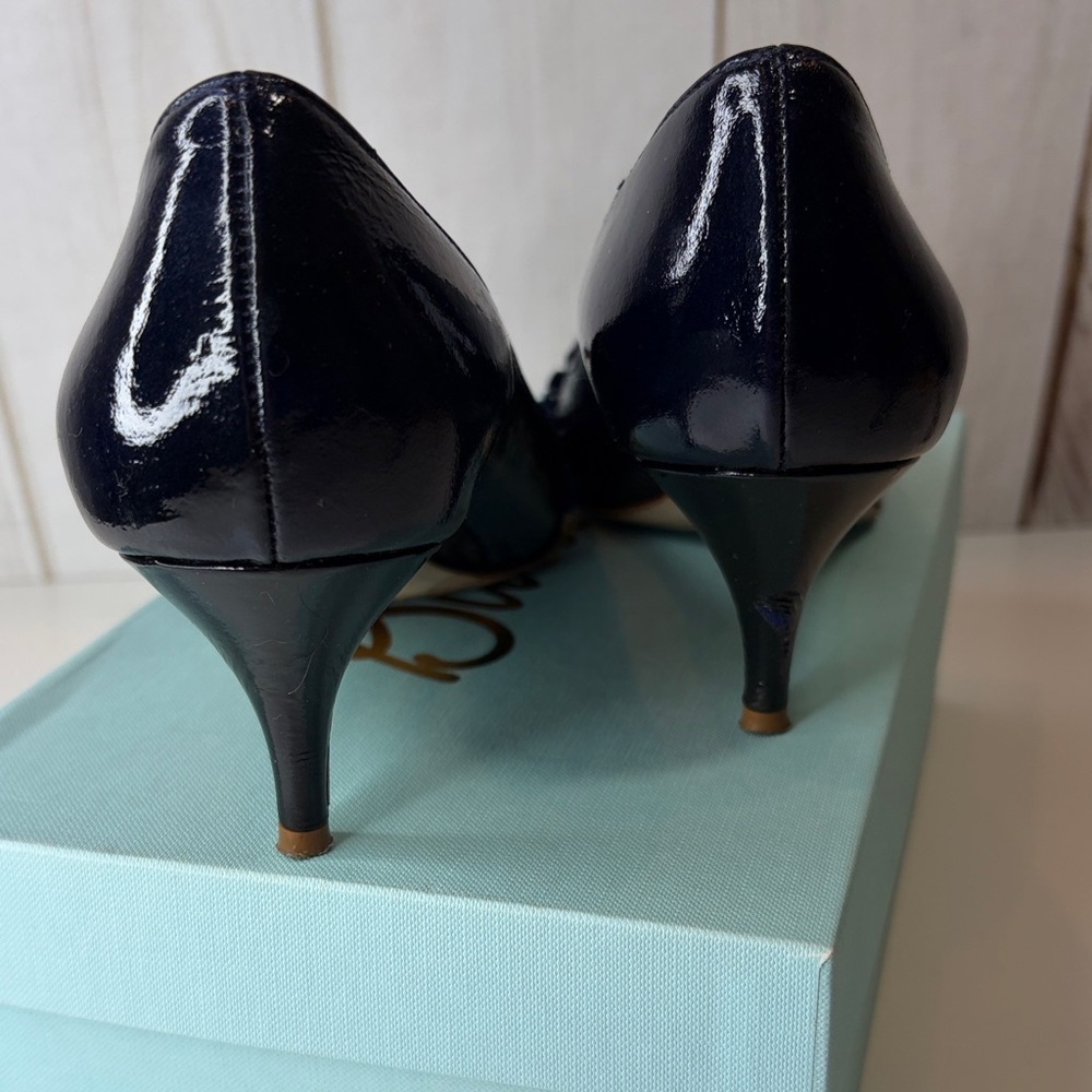 Butter Dandy Navy Blue Patent Leather Peep-Toe Heels Women’s 7 1/2 B - Picture 5 of 16